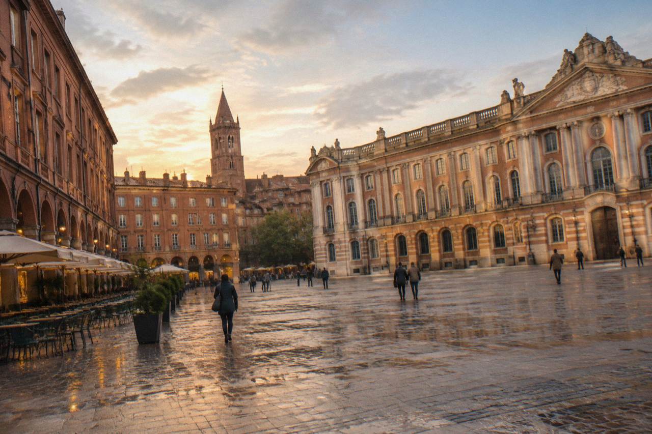 Pink brick buildings and a church tower seen from a Toulouse street at golden hour