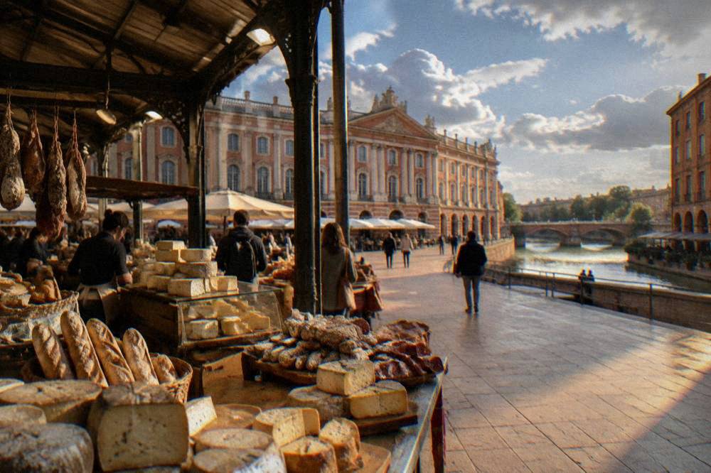 A covered market hall in Toulouse with stalls of cheese, bread and charcuterie