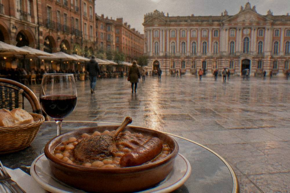 A bowl of cassoulet with sausage and duck on a restaurant table
