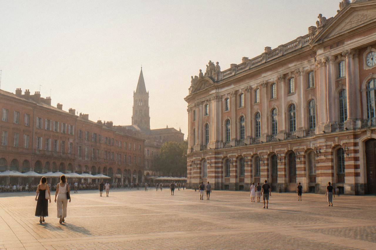 Pink brick apartment buildings along a Toulouse street with the spire of the Basilica of Saint-Sernin in the distance