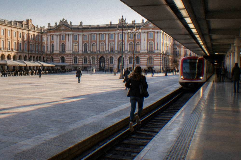A Toulouse metro station platform with a red and white train arriving