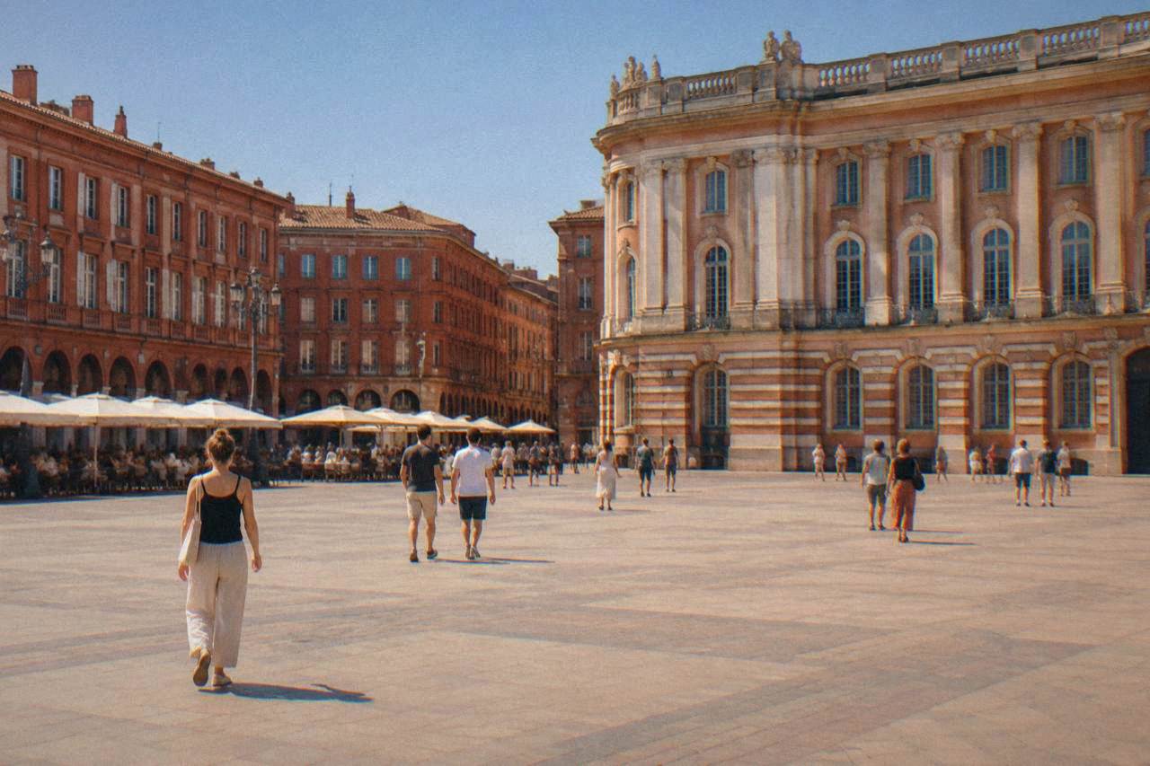 Pink brick buildings along a Toulouse street under a clear sky