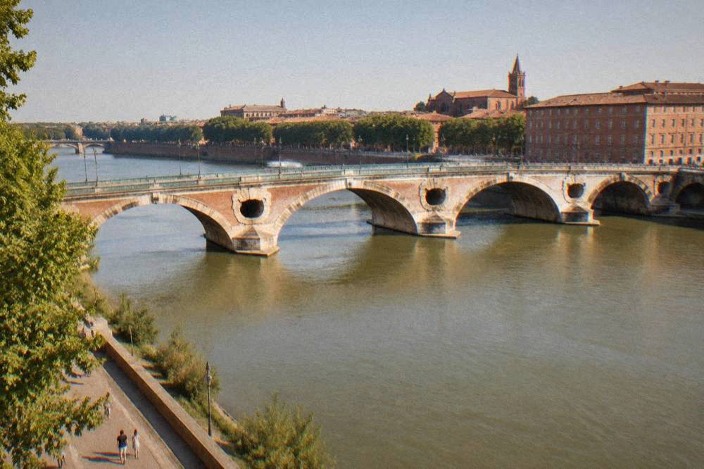 A view of the Garonne river in Toulouse with the Pont Neuf bridge and brick buildings