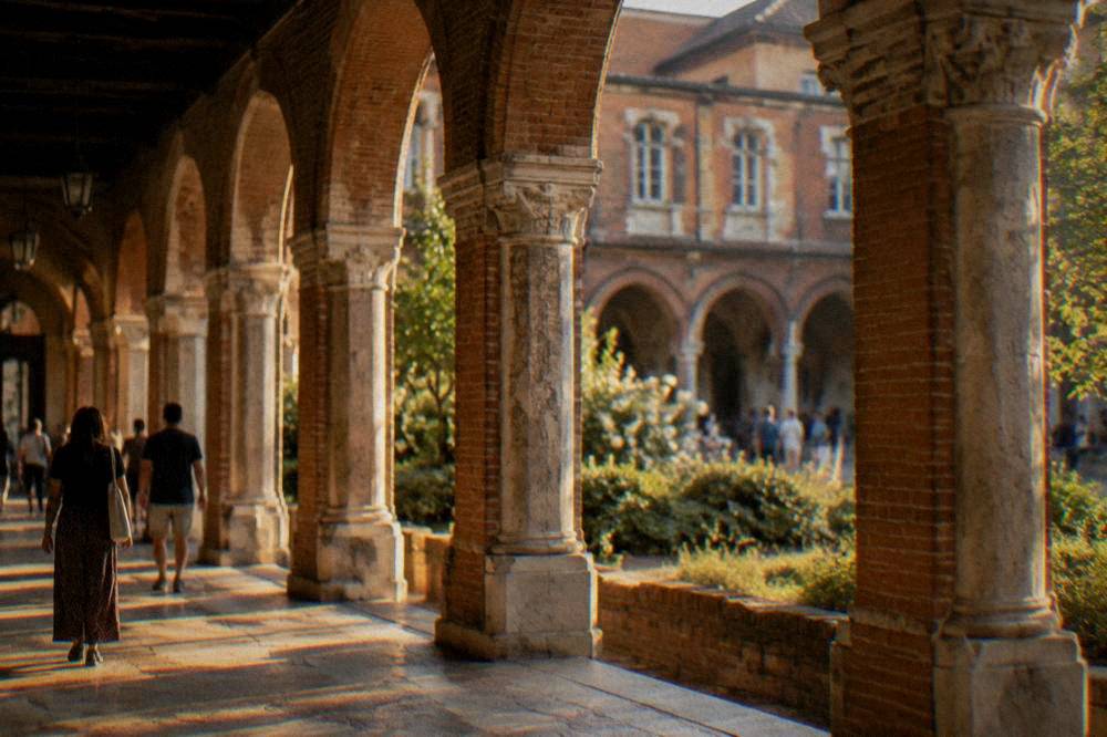A cloister courtyard with brick arches and visitors walking through