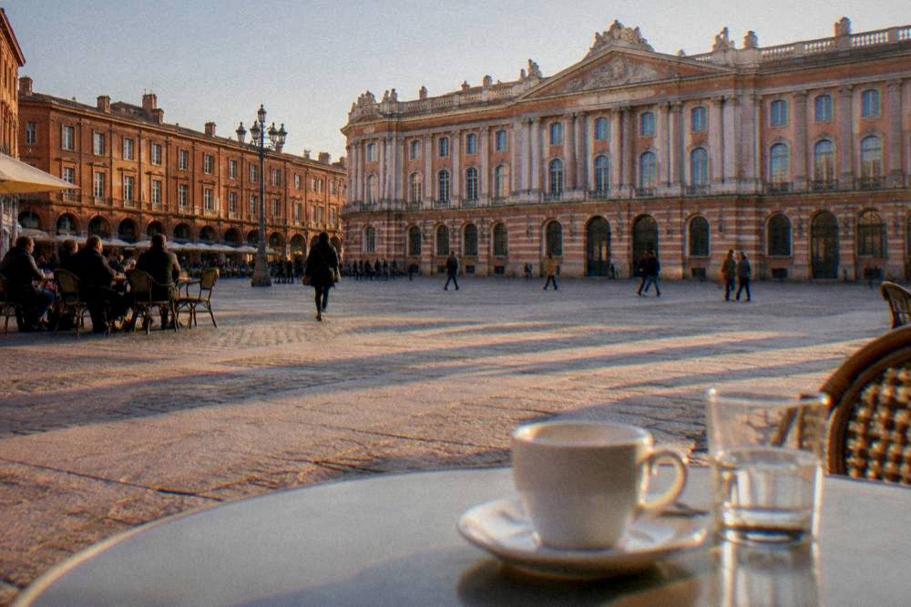 A Toulouse square at golden hour with pink brick facades and people seated at outdoor tables