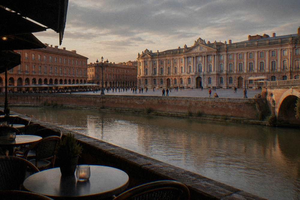 An evening street in a French city with warm brick facades and cafe tables