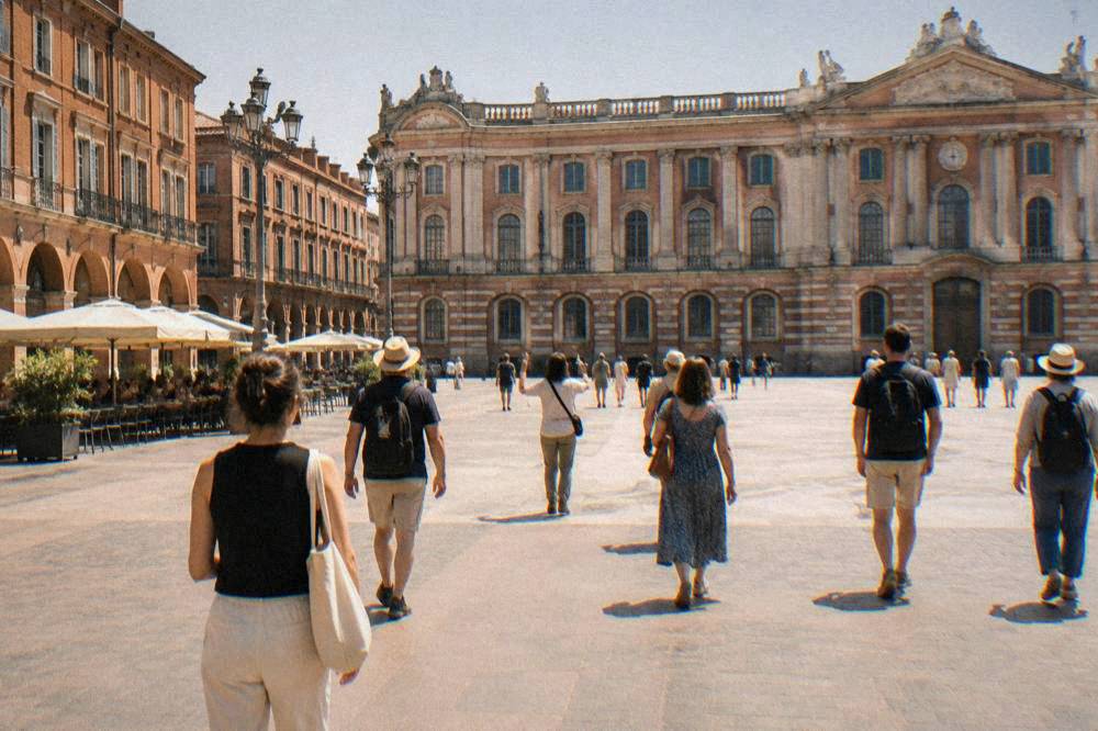 A guided walking group on a Toulouse square with the Capitole facade behind them