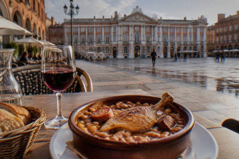 A plate of cassoulet with beans and confit served on a restaurant table