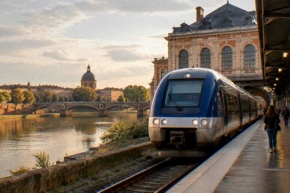 A regional train waiting at a platform beside a station building in Toulouse