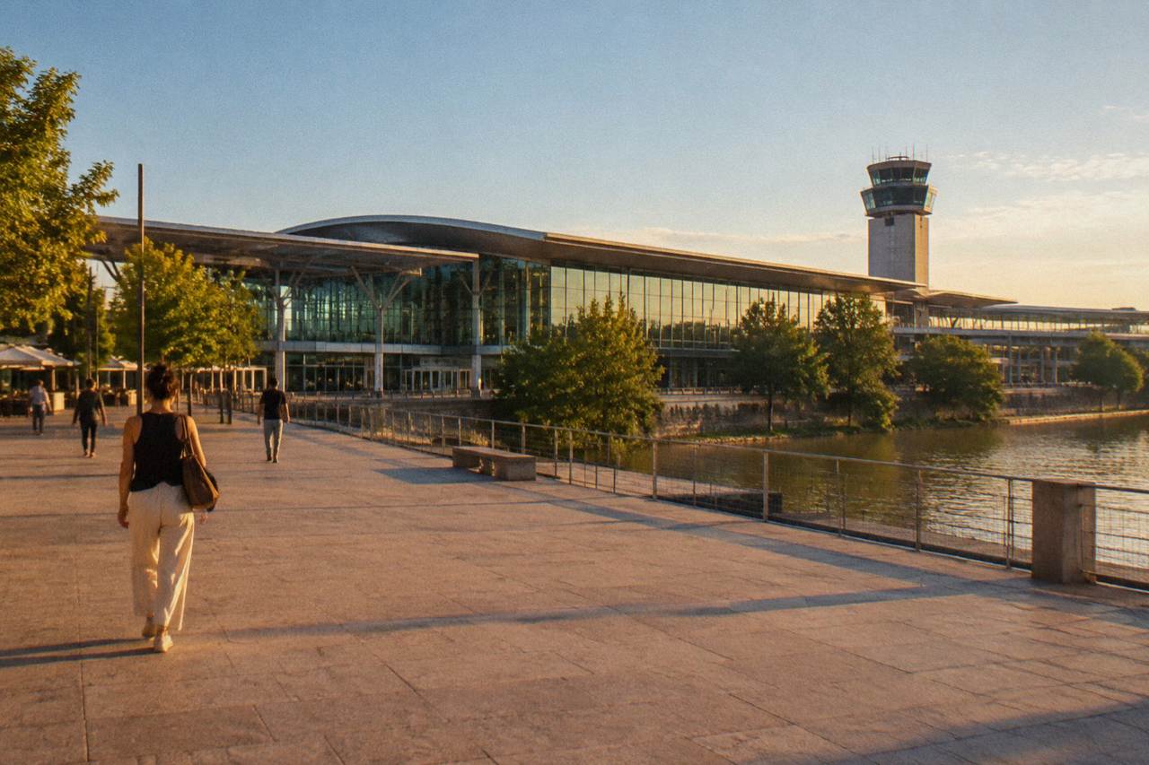 An airport terminal building with glass walls under a blue sky, with a control tower in the background