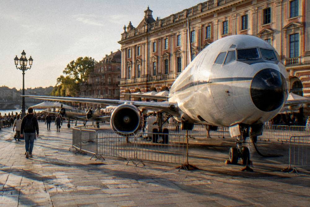 A large passenger aircraft parked at an airfield beside a museum building with other historic planes on display