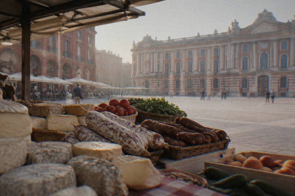 A market stall loaded with cheeses, sausages and fresh produce under a covered hall