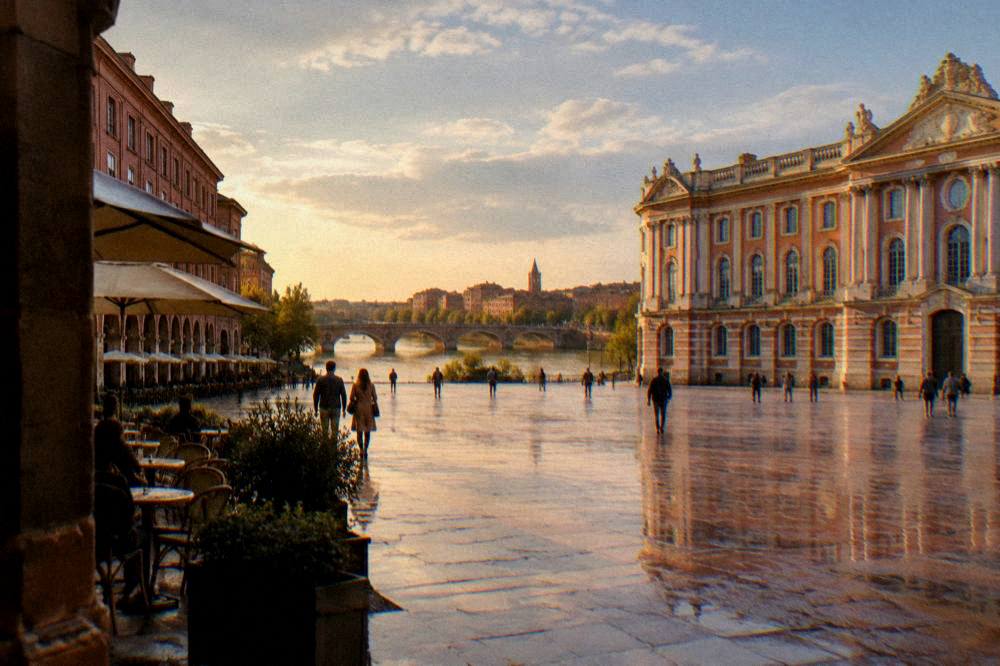 A pink brick cityscape with a wide river flowing under an old stone bridge in warm evening light