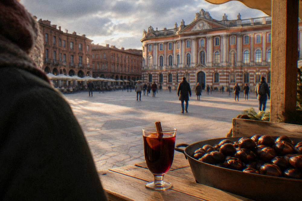 A glass of mulled wine and roasted chestnuts on a wooden market table