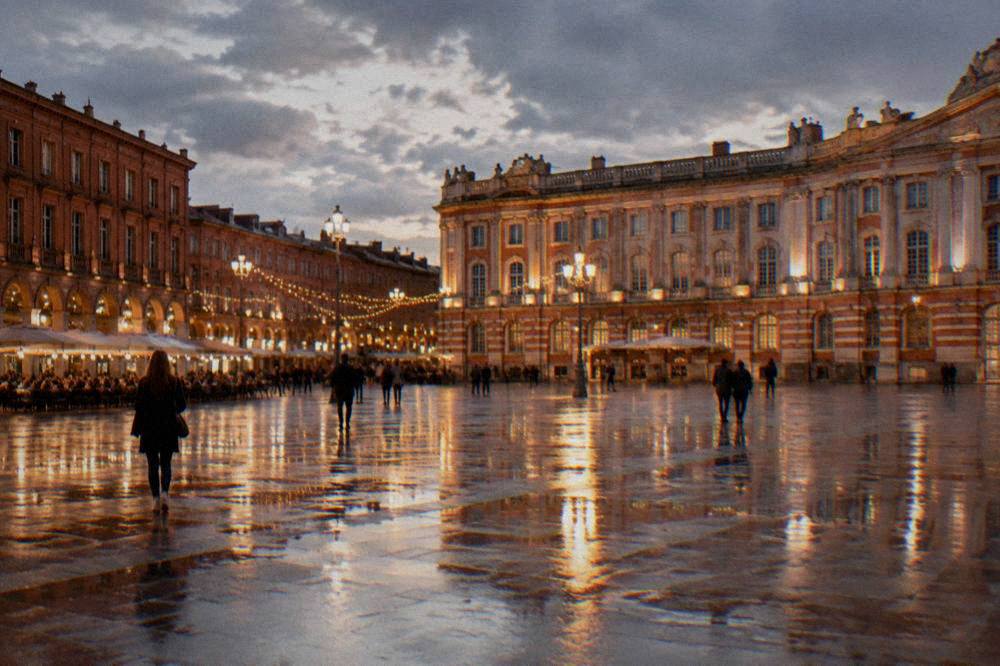 Festive lights reflecting on wet pavement in a Toulouse square at night