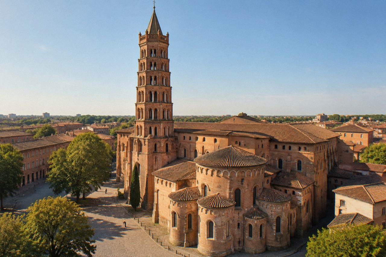 The brick bell tower and apse of the Basilica of Saint-Sernin in Toulouse rising above rooftops