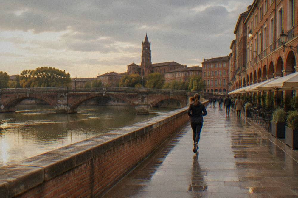A narrow brick street in central Toulouse with the tower of Notre-Dame du Taur above it