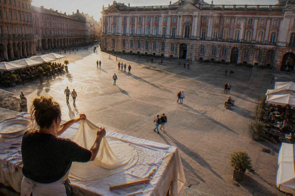 Thin sheets of pastry dough being stretched by hand on a floured cloth
