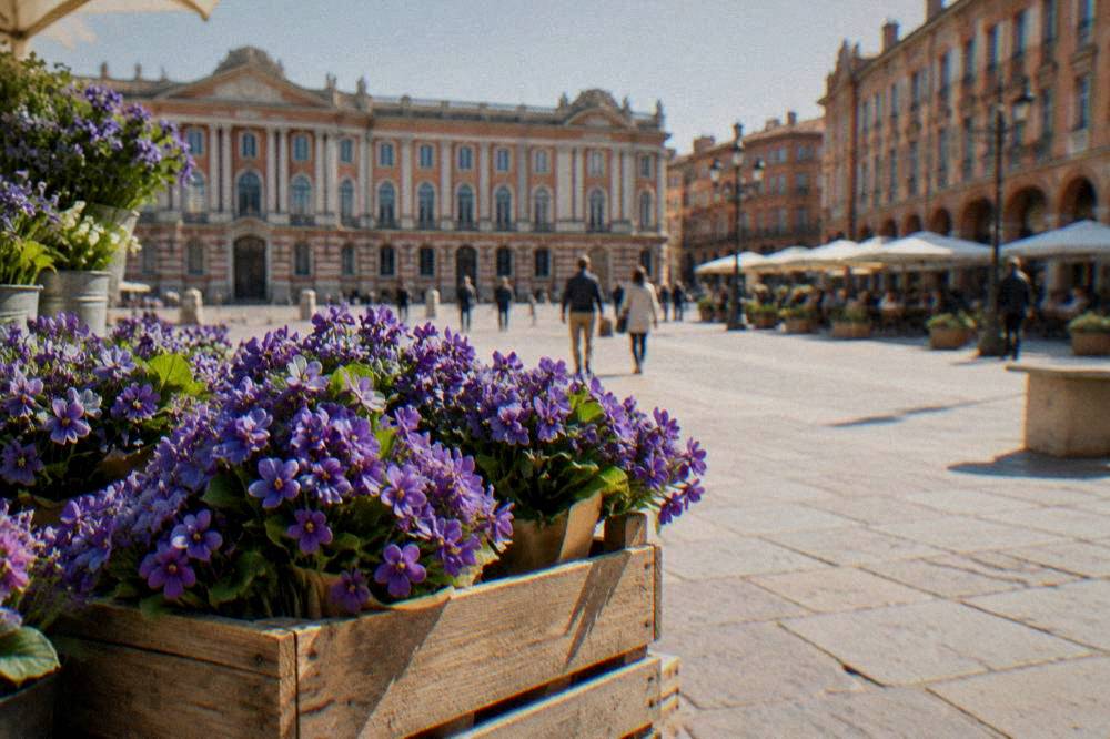 Fresh violet flowers in a wooden crate at a Toulouse market stall