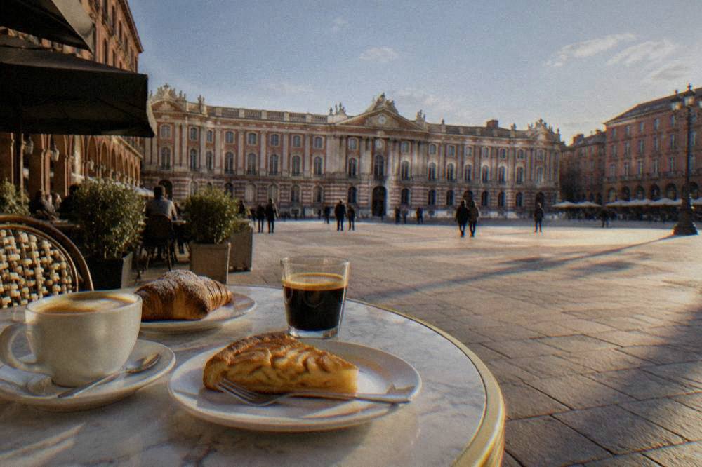 A café terrace with coffee, pastries and a slice of apple pastry on a marble table