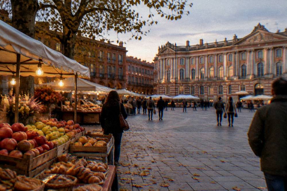 Autumn market stalls with apples, pastries and warm light in a French city square