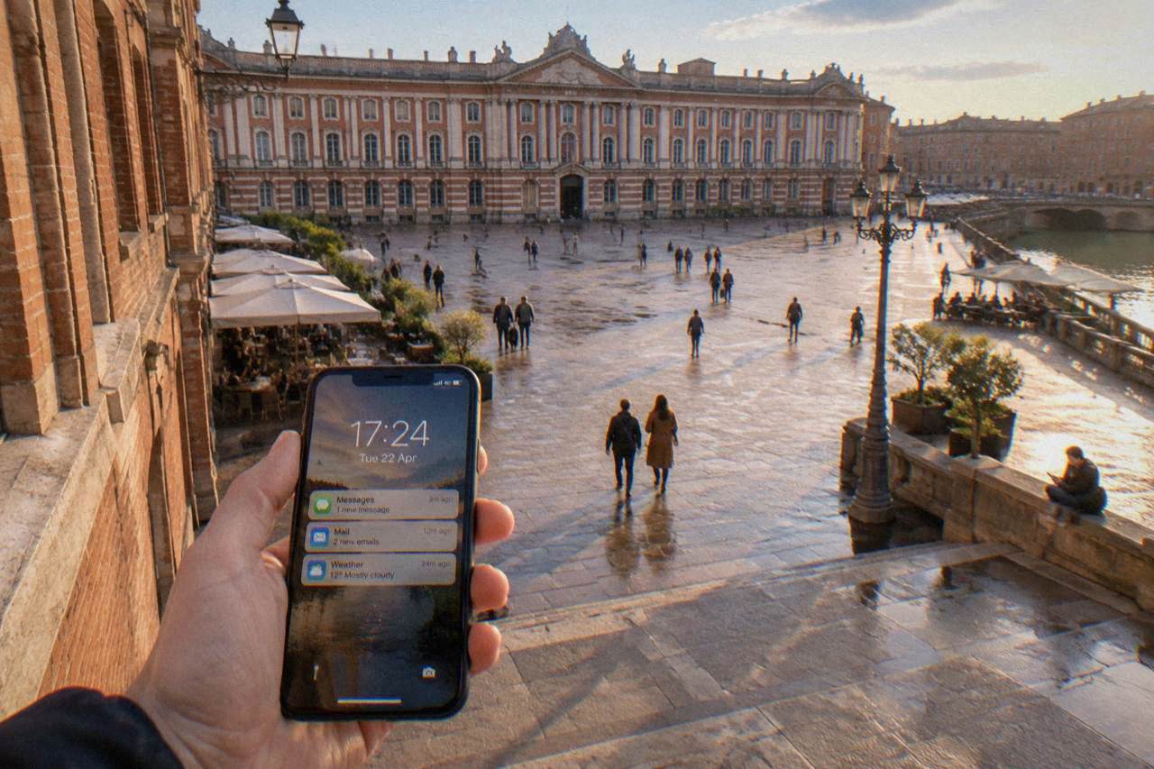 A traveler holding a smartphone showing a signal bar while standing on a Toulouse street lined with pink brick buildings