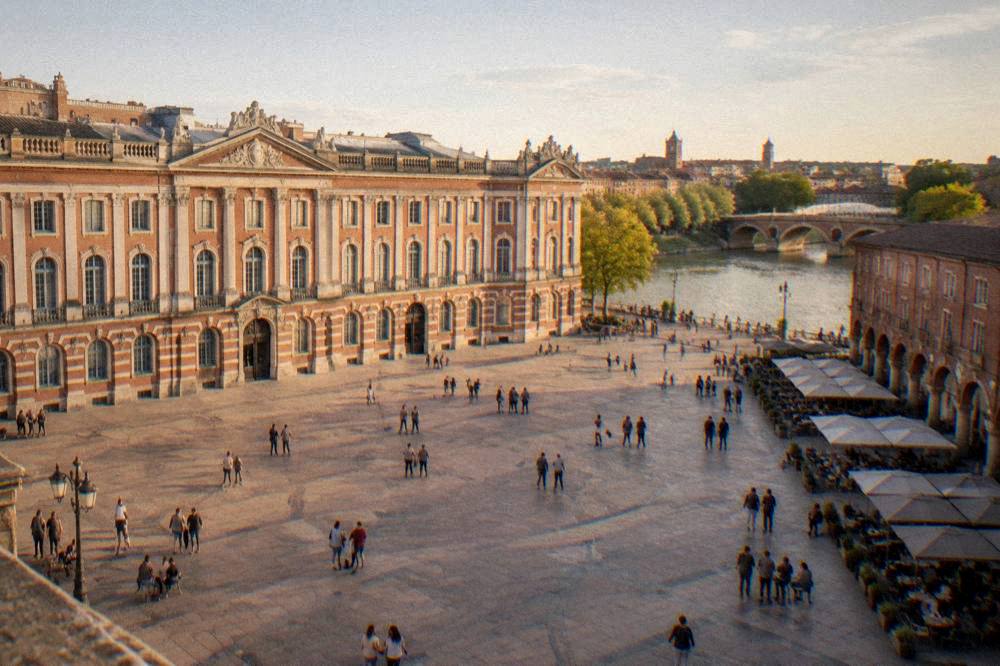 Visitors looking at paintings in a museum gallery inside a historic Toulouse building