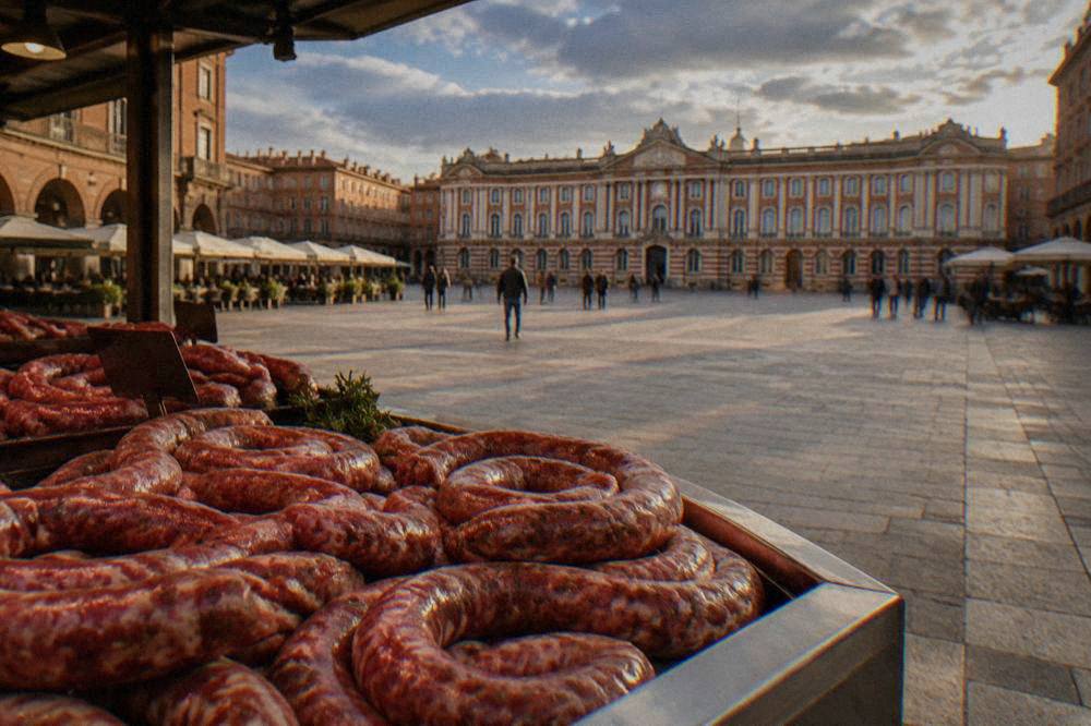 Toulouse sausages coiling on a butcher's counter at a covered market