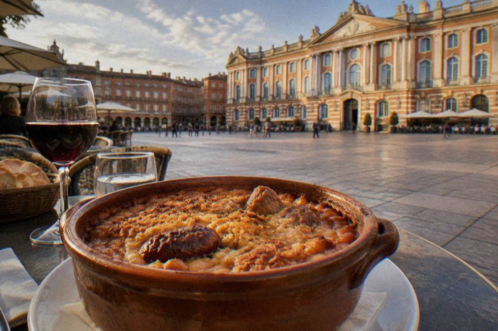 A traditional cassole earthenware pot of cassoulet with a golden crust, served on a restaurant table