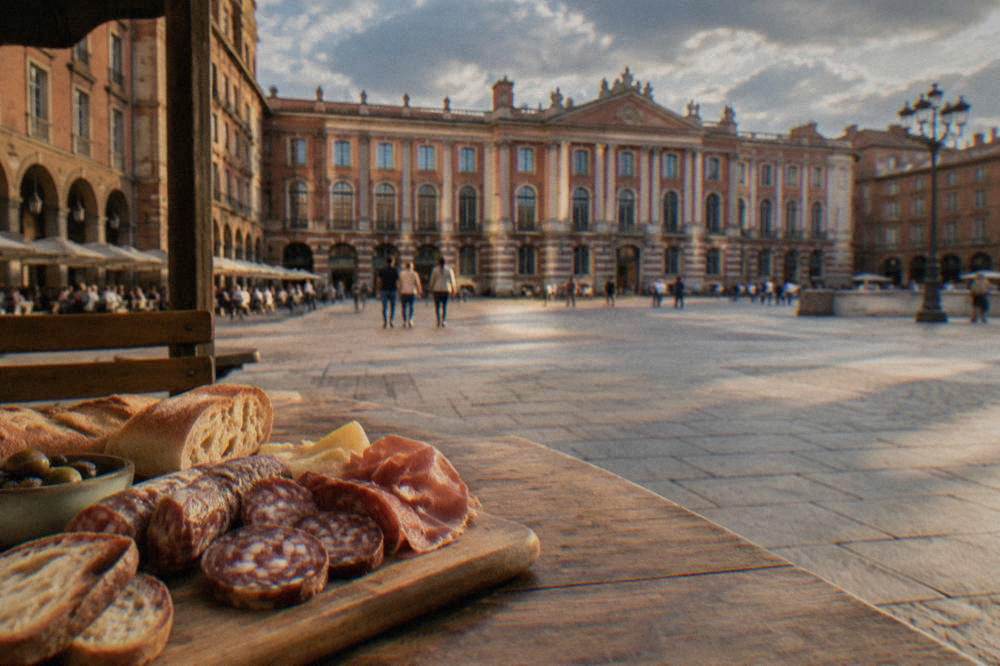Sliced Toulouse sausage and charcuterie arranged on a wooden board with bread