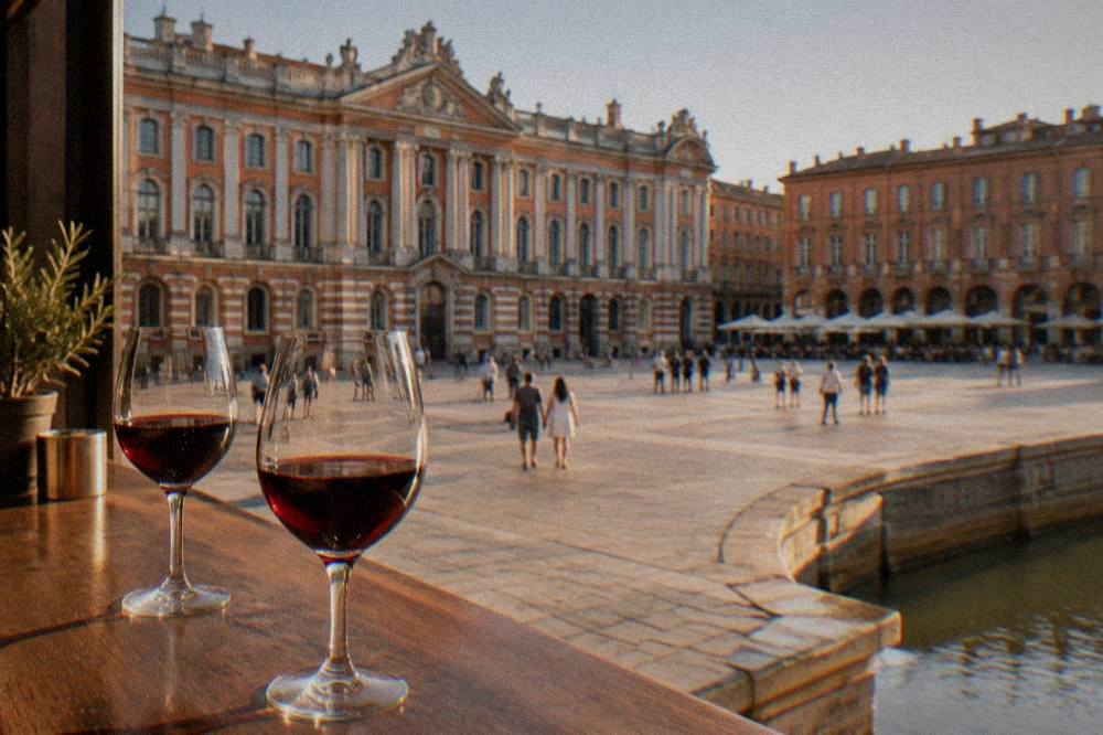 Glasses of red wine on a wooden wine bar counter in the evening