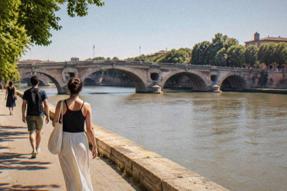 Walkers on a stone quayside path beside the Garonne with the Pont Neuf bridge behind them
