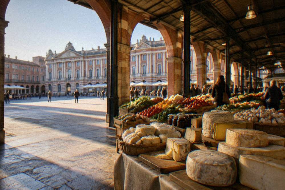 Stalls of cheese and produce inside a Toulouse covered market hall