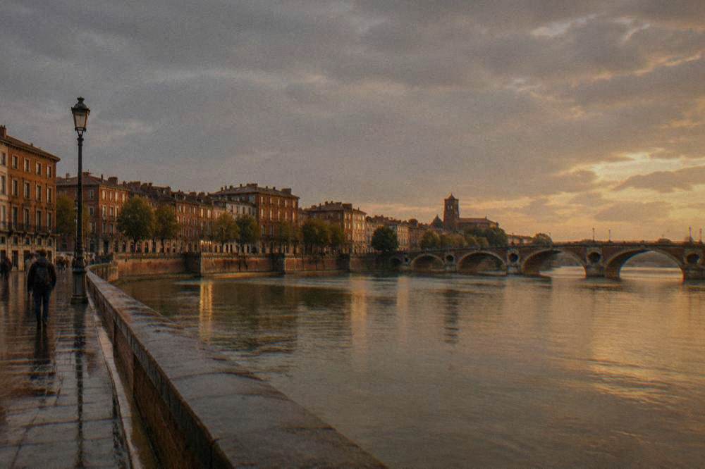 Evening light on apartment facades along the Garonne river in Toulouse