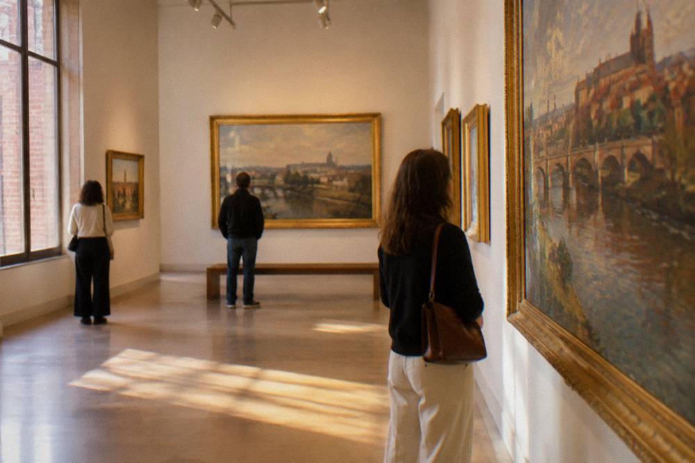 A bright museum gallery with paintings on the walls and visitors looking at them