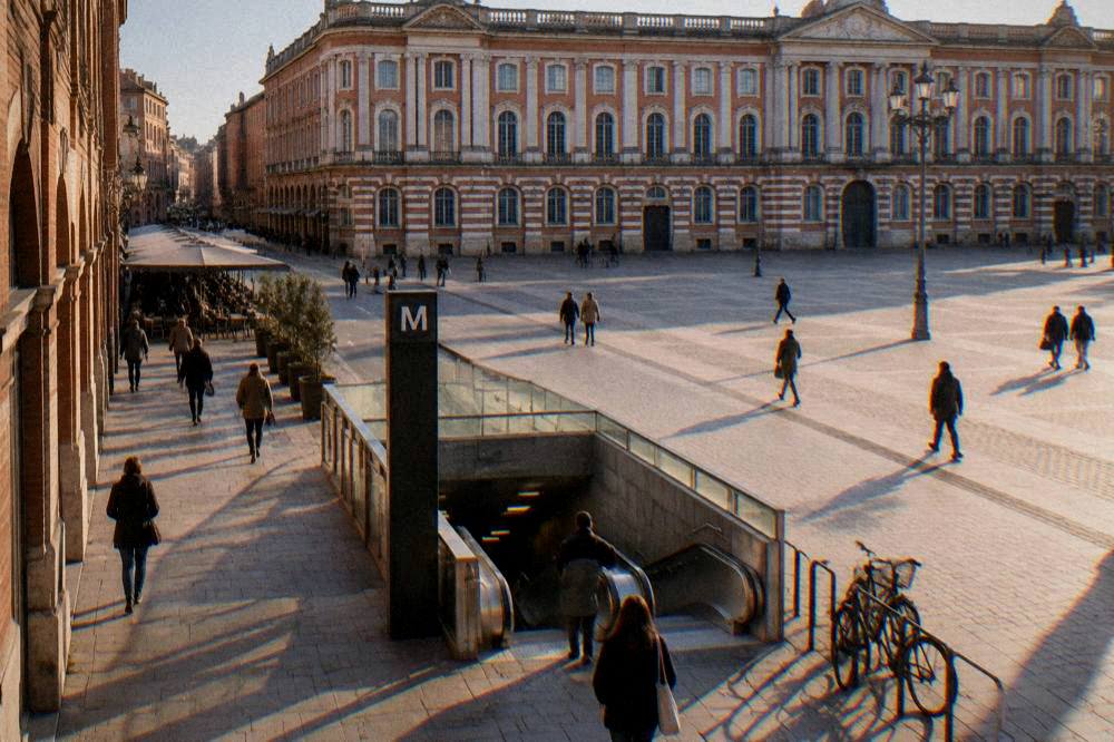 A metro station entrance on a sunny street in Toulouse