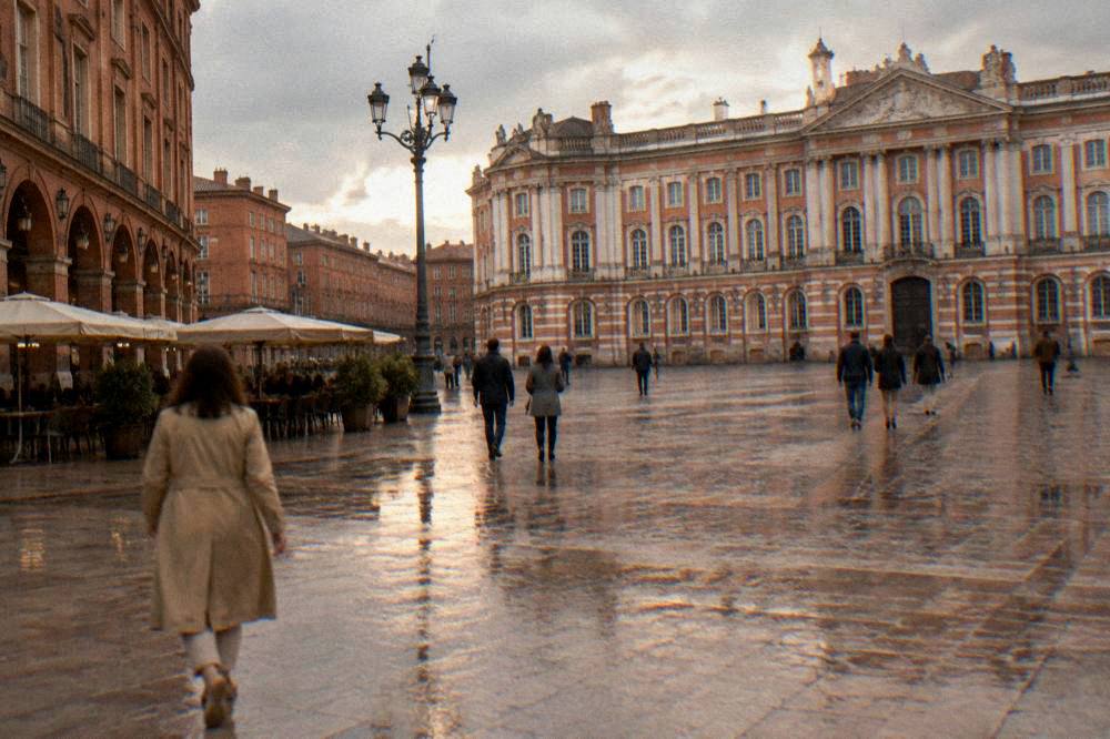 Visitors walking without bags through a cloistered courtyard in Toulouse
