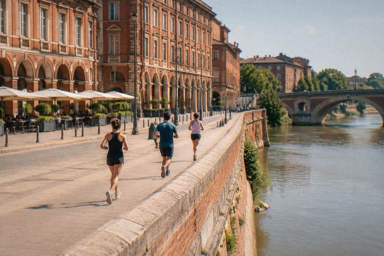 Runners passing pink brick buildings along a riverside street in Toulouse