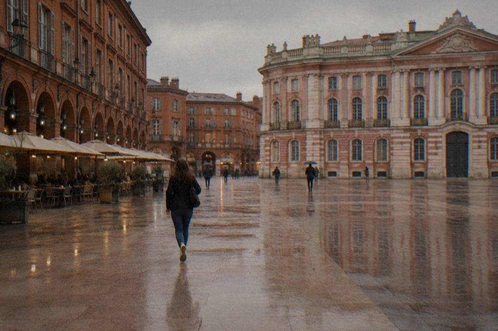 A wide square with a grand classical building facade in pink brick in central Toulouse