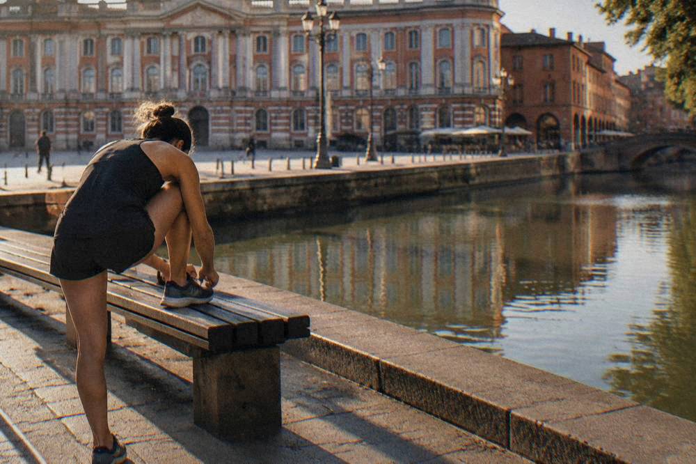A runner tying a shoelace on a bench beside a canal in early morning light