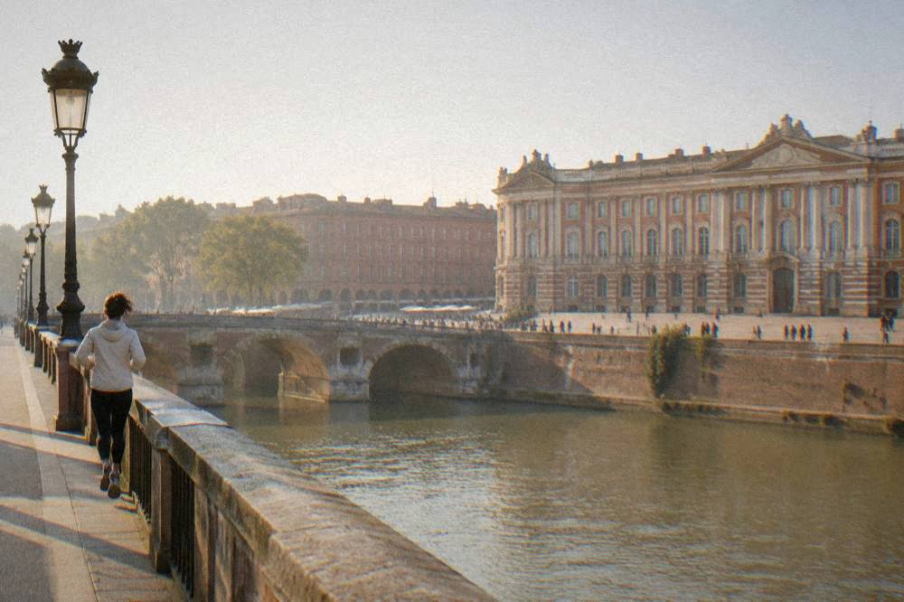 A runner in a light jacket crossing a bridge over a wide river in morning light