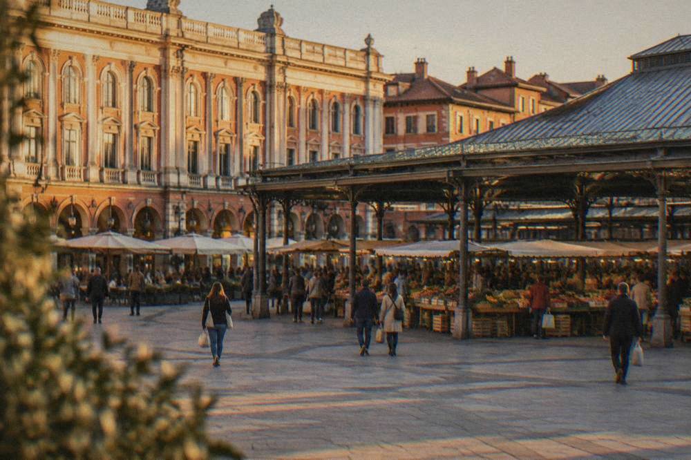 A covered market hall with food stalls and shoppers holding bags of produce