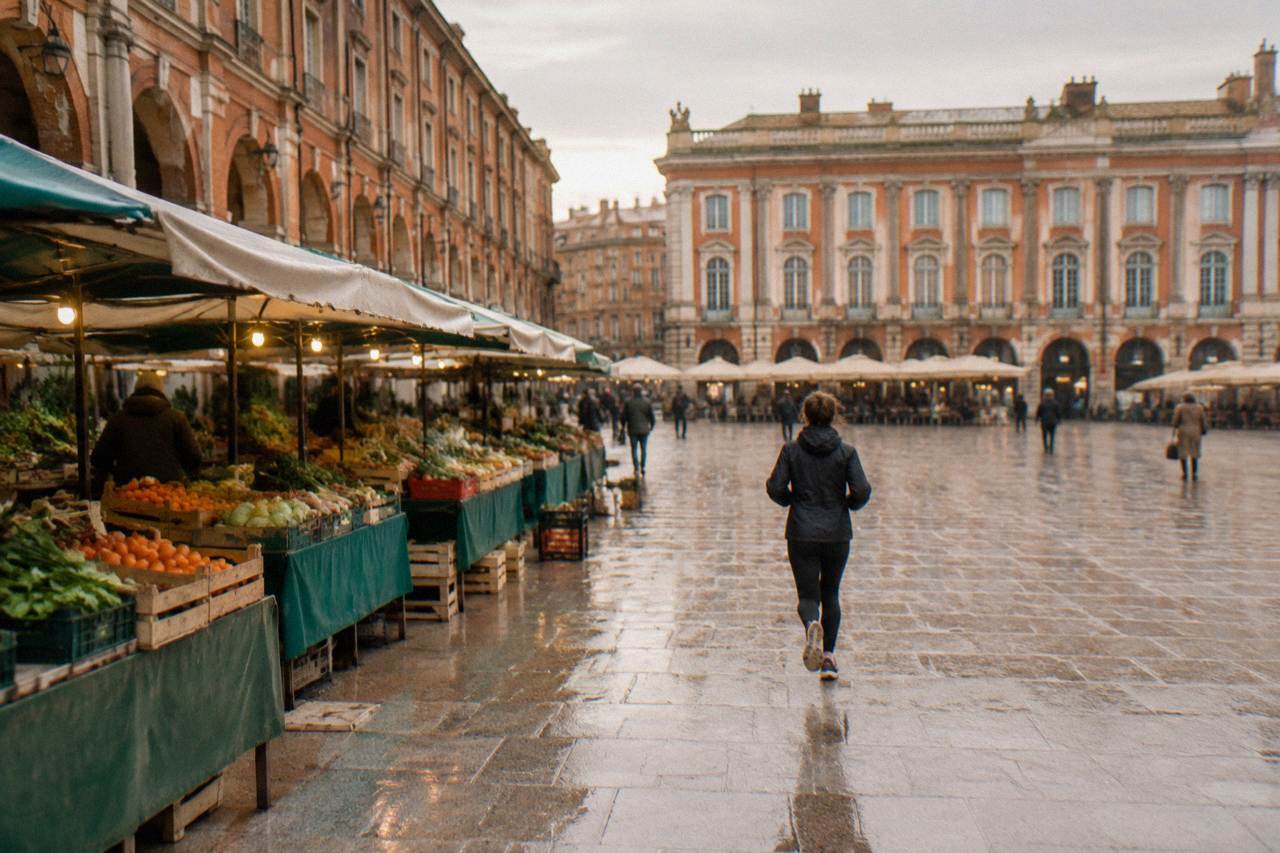 Market stalls with fresh produce under the awnings of a covered market in Toulouse