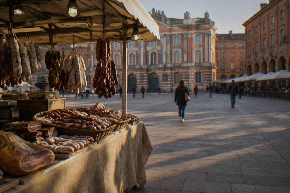 A stall of Toulouse sausage and regional charcuterie at a covered market