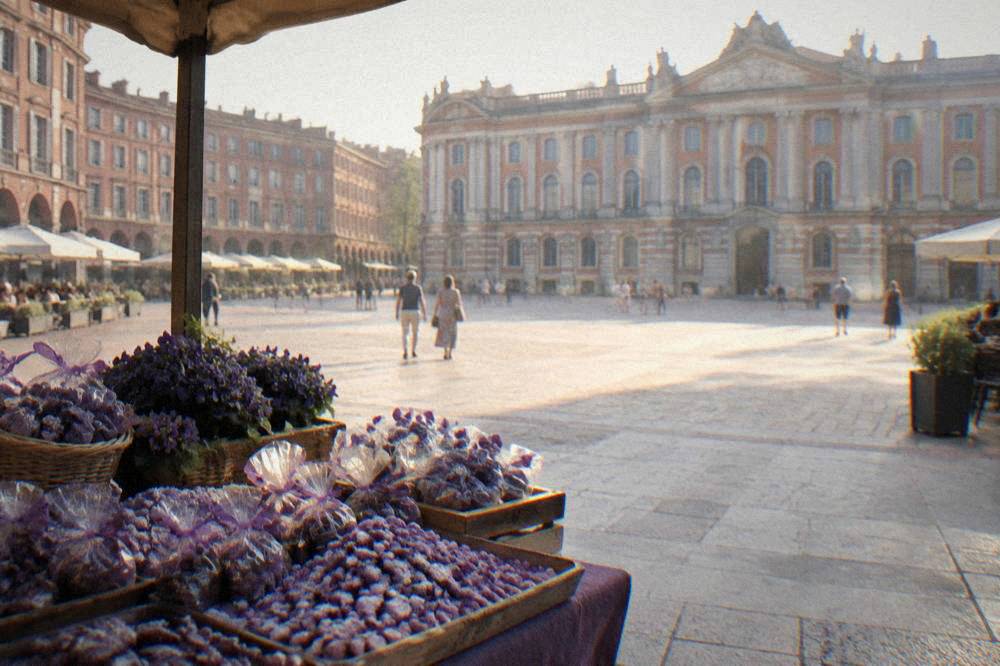 Candied violets and violet sweets arranged on a market stall in Toulouse