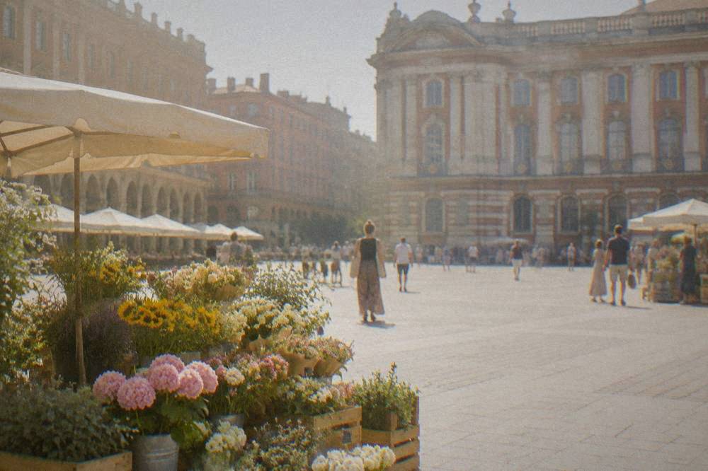 An open-air market square in Toulouse on a bright morning