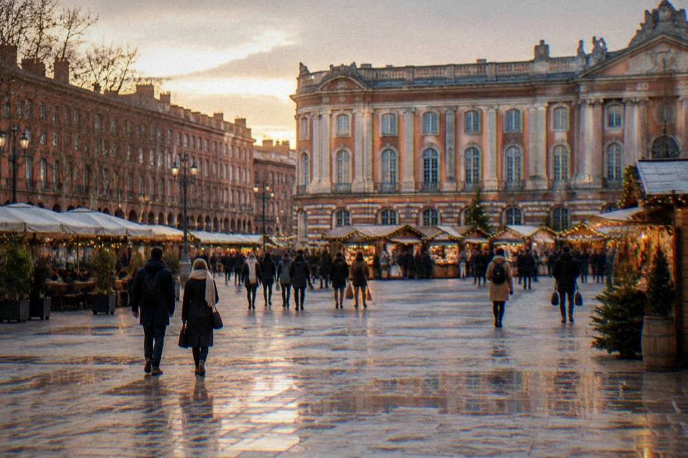 Christmas market chalets and lights on a square in Toulouse