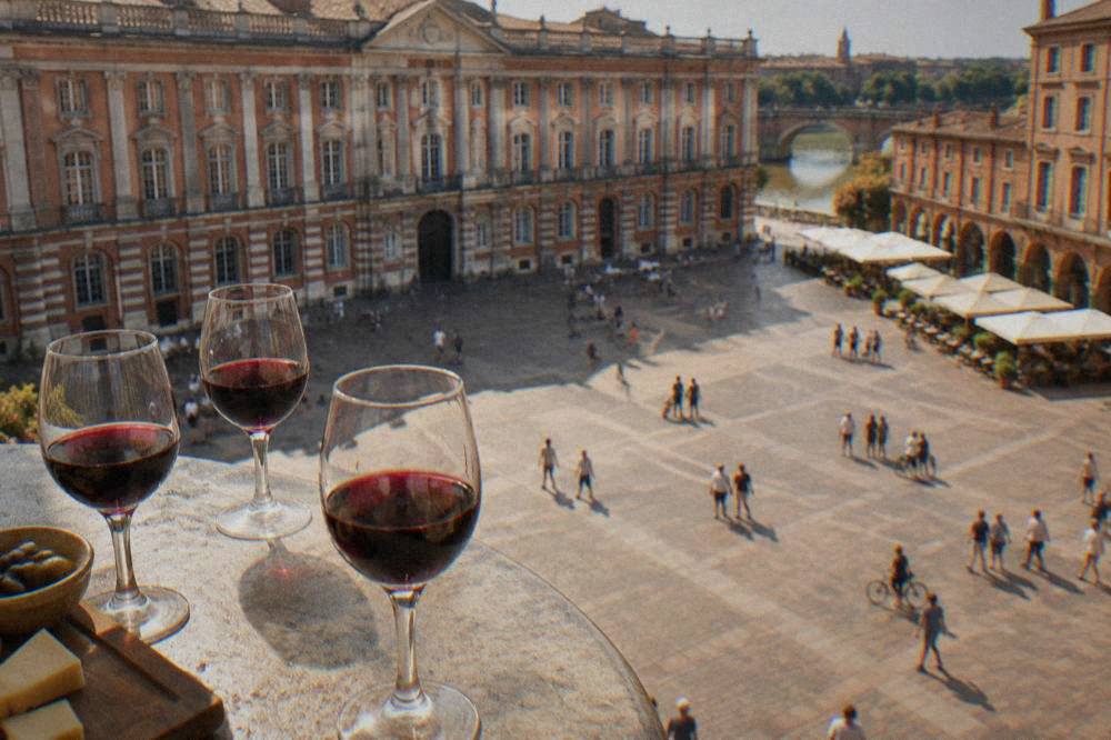 Glasses of red Southwest wine on a tasting table near Toulouse