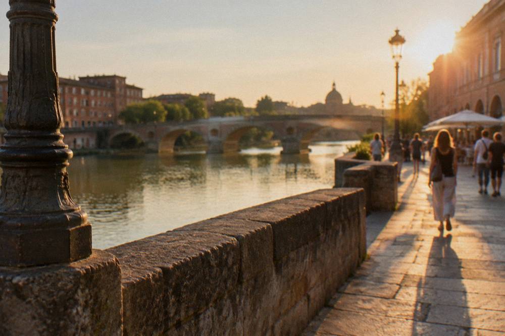 People walking along a riverside quay with a stone bridge over the Garonne