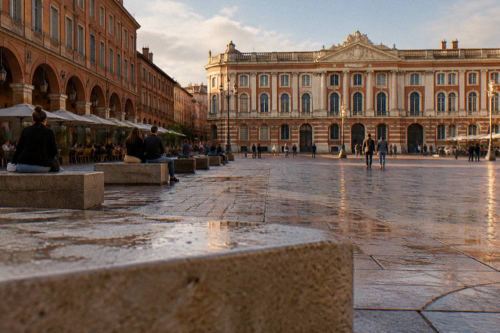 Stone courtyard of a museum with visitors resting on benches between exhibits